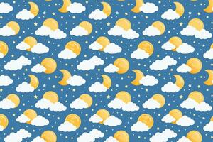 Pattern with clouds, moon and stars on blue background vector