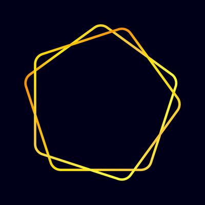 Pentagon gold frame template isolated on dark blue background.