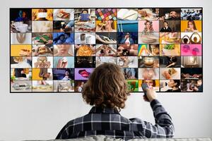 A person sits on a couch facing a television screen, holding a remote in their hand. The television is displaying a grid of colorful images, each showing a different scene, person, or object photo