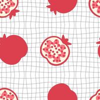 Groovy style pomegranates seamless pattern on grid distorted background. Hippie aesthetic print for fabric, paper, textile. Hand drawn geometric illustration. vector