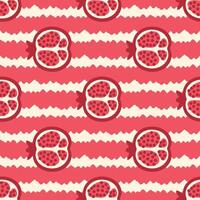 Pomegranates fruits seamless pattern on abstract striped background. Perfect art print for banner, card, textile, fabric, paper, sale. Hand drawn illustration. vector