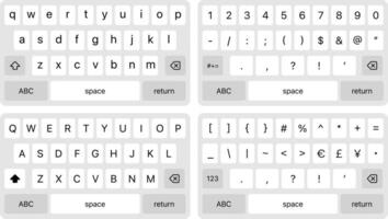 Smartphone keyboard. Light alphabet buttons. Keypad symbol modern simple icon. Numeric, uppercase lowercase symbols keys. Phone mockup vector