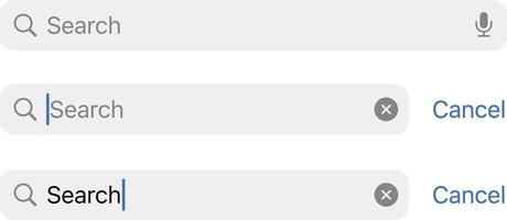 Search Field, State, Placeholder, Focused, Typing, magnifying, cross, close, Type. Search bar boxes set. Web UI elements for browsers with text field and button for UI. vector