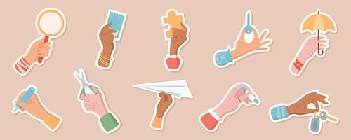 Hand gesture sticker set with diverse objects, including puzzle, umbrella, and scissors. Cartoon doodle style illustration in flat design, suitable for creative graphic concepts and icon collection. vector