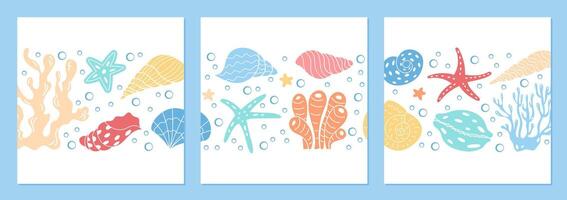 Underwater scene with marine life, including starfish, sea shells, and coral. A beautiful, colorful reef and aquatic life in ocean water at design template for social media post vector