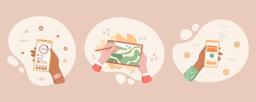 Set of hands holding smartphone with app open on screen for online payment. Concept of social media, mobile technology, and digital communication. Suitable for business or ecommerce illustrations. vector