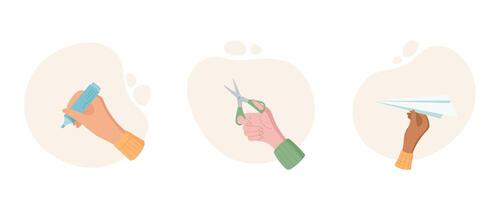 Hand hold scissors, pencil, and paper plane in a set of cartoon illustrations. Female hand gesture isolated on a clean background. Concept of writing, crafting, and playful creativity. vector
