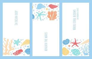 Postcard design set underwater reef bursting with marine life, including coral, seashells, and starfish. Brightly colored ocean elements illustrate the beauty of underwater life in a playful design. vector