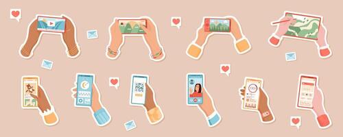 User holds smartphone in hand sticker set, using social media app on screen. Modern flat design, concept of communication, suitable for social media and technology applications. vector