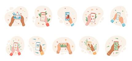 Set of hands holding phone and smartphone, using application for , chat, and camera. Users engage with mobile technology for social media and communication. vector