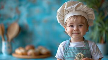 A young boy dressed in a chefs outfit with a white hat smiles at the camera while holding a whisk. photo