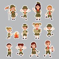 A set of stickers with scouts. Cheerful boy and girl scouts in different poses. vector