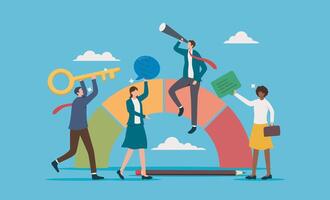 Collaborative team of four using key, telescope, pencil, speech bubbles, and arc diagram. Suitable for teamwork, Employee engagement, commitment or motivation to success with company, project planning vector
