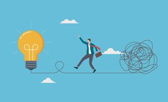 Businessman walking wire, light bulb, tangled mess. Simplify idea to find solution, thinking process or creativity to solve problem. solving complex problems vector