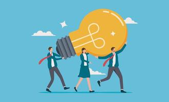 Innovation idea to drive team success. Three people holding a big light bulb, representing collaboration and creativity. Perfect for promoting teamwork, innovation, or brainstorming concepts vector