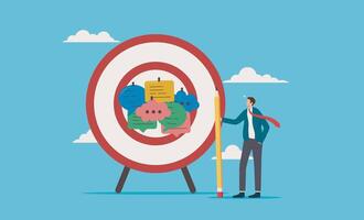 Illustration of man aiming large pencil at target surrounded by speech bubbles. Perfect for communication, goal setting, creativity, and brainstorming concepts vector