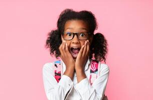 Back-To-School After Quarantine. Shocked Girl With Backpack Shouting Looking At Camera Touching Face Posing Over Yellow Background. Studio Shot photo