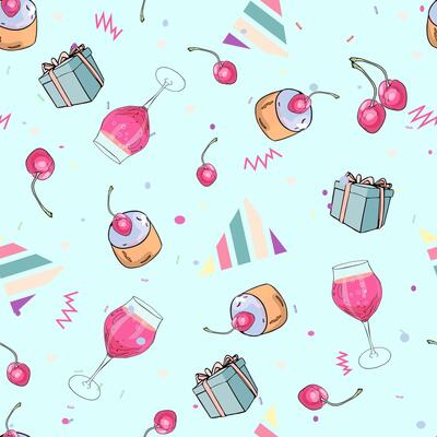 A seamless pattern with cherries, wine glasses and cake