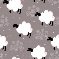 Sheep seamless pattern with hearts and clouds vector