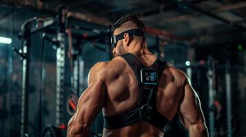 A muscular man wears fitness technology during a workout in a gym. The device is strapped to his back and displays data. photo