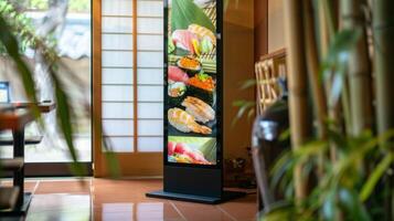 A digital menu display in a Japanese restaurant shows a variety of colorful sushi rolls. The display is located next to a traditional shoji screen door. photo