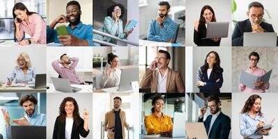 A vibrant array of professionals from different backgrounds is seen actively engaging in various tasks within a contemporary office. Some on phone calls, while others working on laptops or tablets photo
