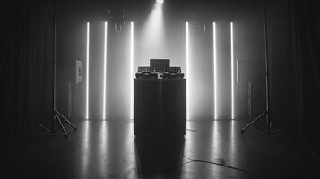 A DJ setup is illuminated with neon lights in a dark studio. The space is set with speakers on stands at either end. photo