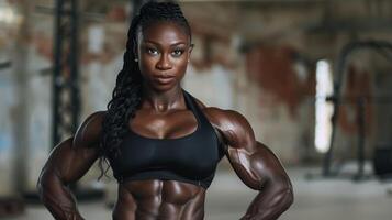 A strong, fit woman poses in a gym, showcasing her well-defined muscles. photo