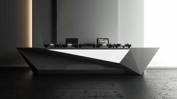 A modern DJ booth with a geometric design, featuring a black and white color scheme. The booth is lit by soft, diffused light and features a sleek, minimalist aesthetic. photo