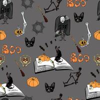 A pattern with a cat, pumpkin, and a book vector