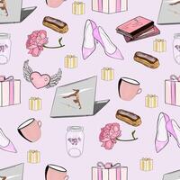 A pattern with a laptop, shoes, and other items vector
