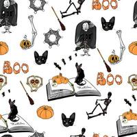 A pattern with halloween items and skeletons vector