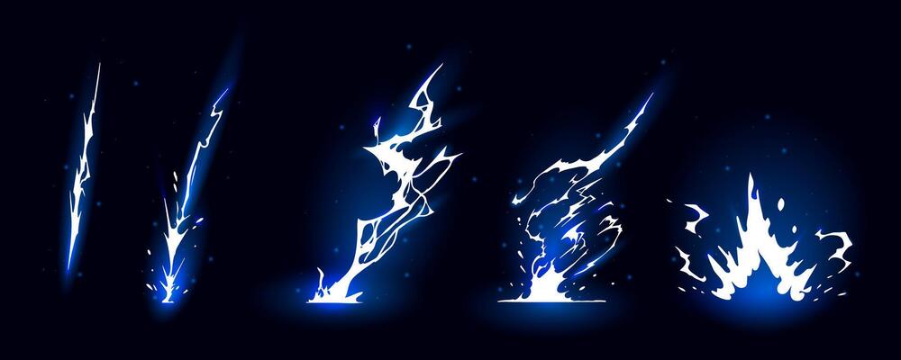 Lightning strike bolt silhouettes sequence illustration bright set.