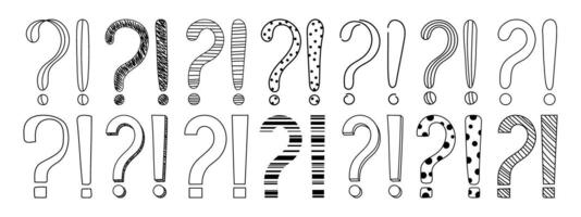 Doodle question and exclamation marks hand drawn sketch illustration set. vector