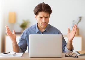 A man with a frustrated expression is working on a laptop at his desk. He is gesturing with his hands and looking at the screen. photo