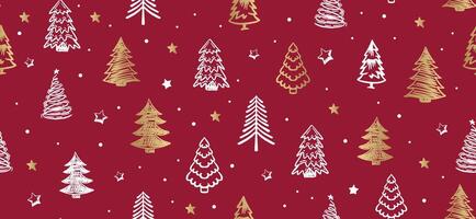 Christmas tree pattern on red background, Hand drawn illustrations. vector
