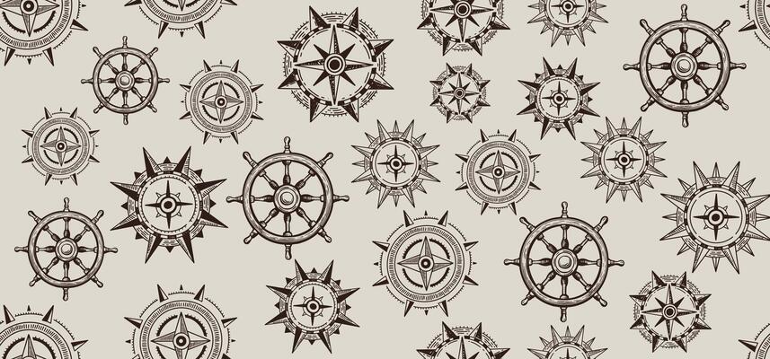 Compass Wind rose, Ship wheel, pattern, hand drawn Illustration.