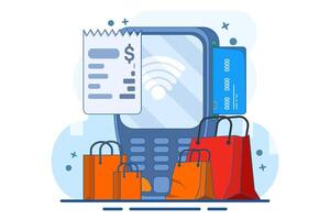 Concept of terminal for contactless and wireless payment of goods, POS terminal confirming payment by debit card, Invoice, Shopping concept, Payment machine, Payment card. Flat illustration. vector