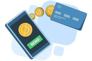 financial concept with money transfer. Sending money to a card, to a bank account or an e-wallet. financial transactions and payments. Flat illustration on a background. vector