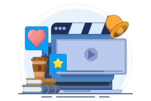 Online training concept. Distance business training, streaming, webinar, online conference, online learning, watching tutorials, lessons, lectures on the internet. Flat illustration. vector