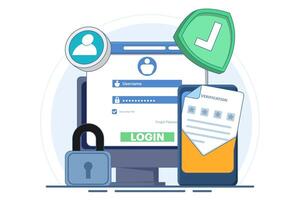 Two-step verification concept, OTP, Authentication password, One-time password for secure website account login, Login page on device screen. Flat illustration on background. vector