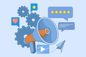 Social network promotion concept. Social media marketing, digital promotion campaign, web analytics, SMM strategy, chatbot, broadcast, stories. Like comment share give. Flat illustration. vector