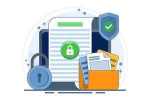 concept of secure confidential online document access on laptop computer or internet web privacy protection on text file flat icon, private secret website data lock modern symbol. illustration. vector