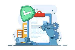 Concept of signing legal documents, electronic contracts or online agreements. Reading and signing the terms and conditions of the contract. Flat illustration on the background. vector
