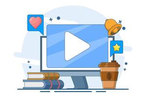 Online training concept. Distance business training, streaming, webinar, online conference, online learning, watching tutorials, lessons, lectures on the internet. Flat illustration. vector
