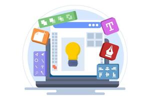 Graphic design software application concept on laptop or computer screen, flat illustration, template, design tools, symbols, icons and elements on screen, creator at work, graphic designer. vector