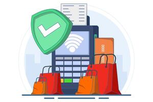 Concept of terminal for contactless and wireless payment of goods, POS terminal confirming payment by debit card, Invoice, Shopping concept, Payment machine, Payment card. Flat illustration. vector