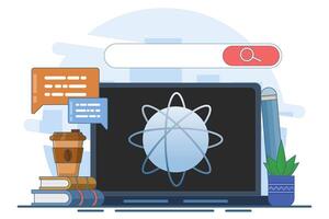 Online education concept. e-learning, internet courses, applied learning, university studies, classroom, tutorials, library on computer. Flat illustration on background. vector
