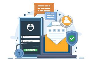 Two-step verification concept, OTP, Authentication password, One-time password for secure website account login, Login page on device screen. Flat illustration on background. vector