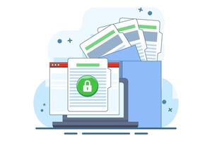 concept of secure confidential online document access on laptop computer or internet web privacy protection on text file flat icon, private secret website data lock modern symbol. illustration. vector